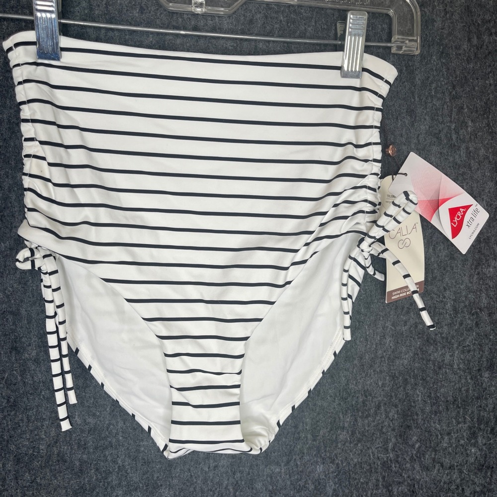 CALIA Ruched Side Tie High Rise Bikini Bottom Coastal Stripe White Sz XS
